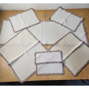 Set of 7 Vtg Hand Crocheted Cotton Table Linens Cream Brown Cottage Granny Core
